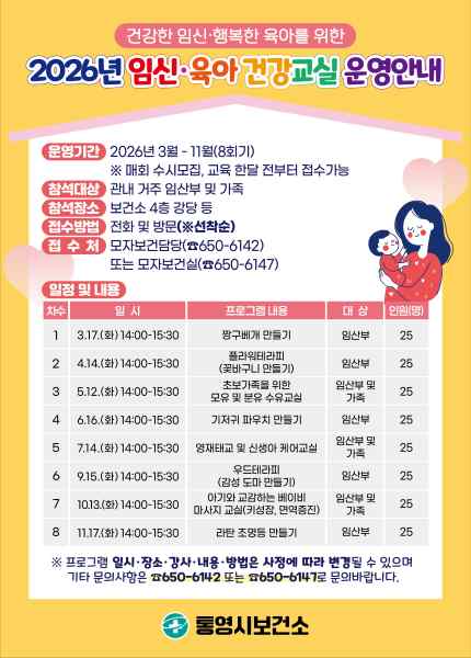 통영시, 예비부모 맞춤형 ‘임신·육아 건강 교실’ 운영 기사 이미지