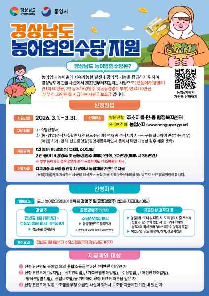 통영시, 농어업인수당 최대 70만 원으로 대폭 인상…3월 한 달간 신청 접수 기사 이미지